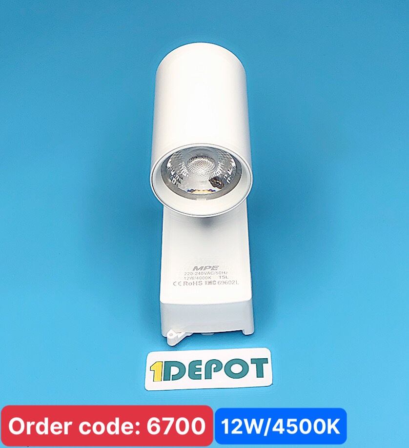 Đèn led chiếu điểm gắn thanh ray trắng 12W MPE TSL-12N, ánh sáng trung tính, kích thước ø50x154mm, đóng gói 1 cái/hộp, 40 cái/thùng