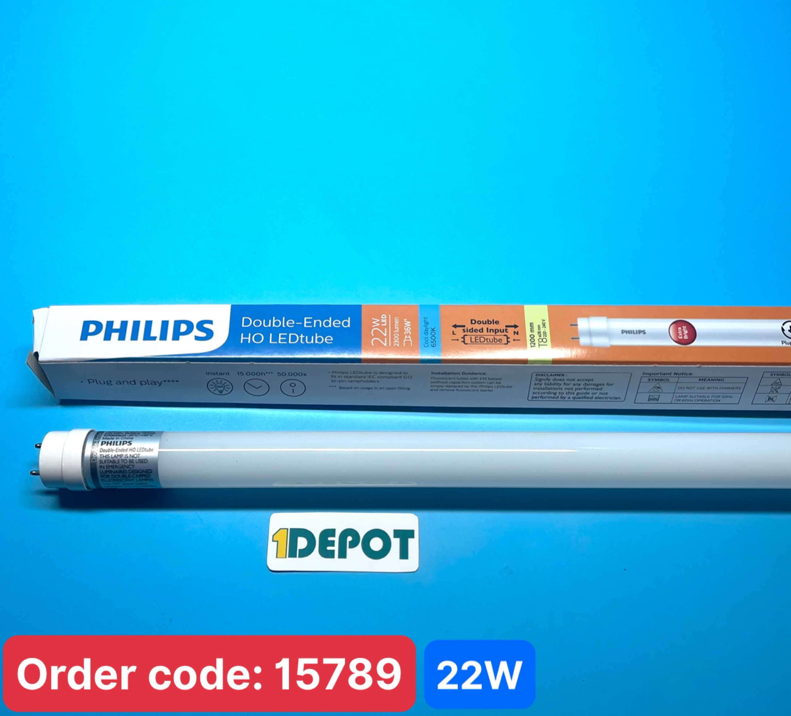 Bóng led tuýp ánh sáng trắng 1m2 22W T8 Phillip EcoFit DE 765/740, (2 đầu) 2300Lm, 10 bóng/thùng