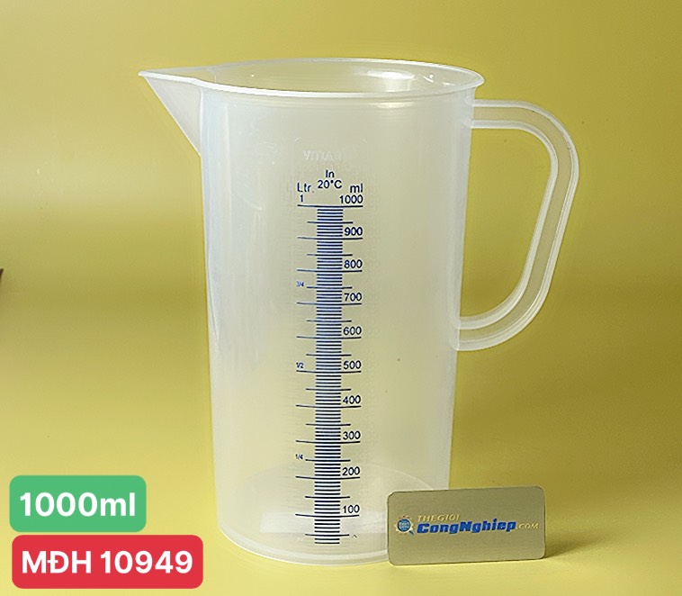 Ca nhựa PP 1000ml có tay cầm Vitlab 442081 , vạch nổi xanh, vạch chia 10 ml