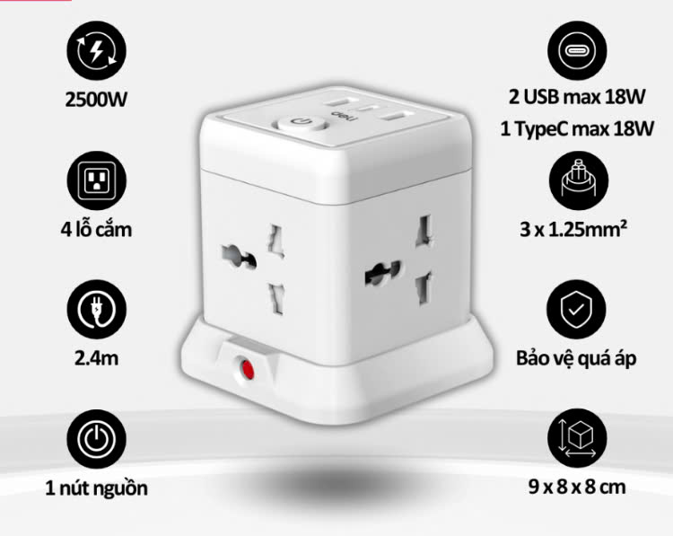 Ổ cắm điện vuông Deli CT414, tích hợp 2 USB + 1 Type C sạc nhanh PD20W