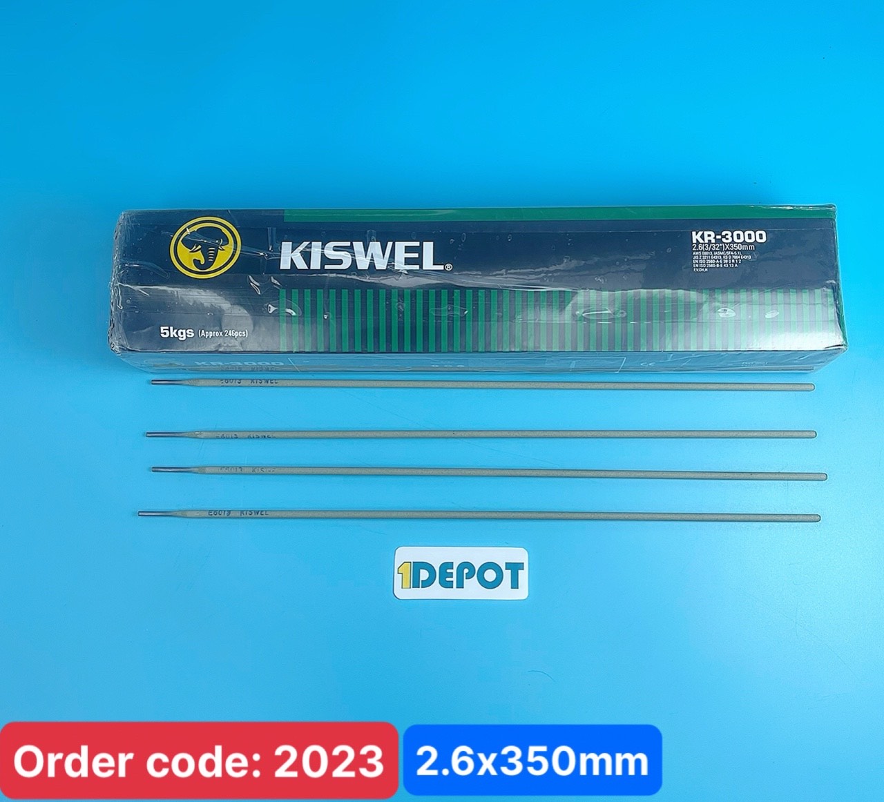 Que hàn sắt 2.6mm Kiswel KR-3000 , kích thước 2.6x350mm, 5 kg/hộp, 4 hộp/thùng