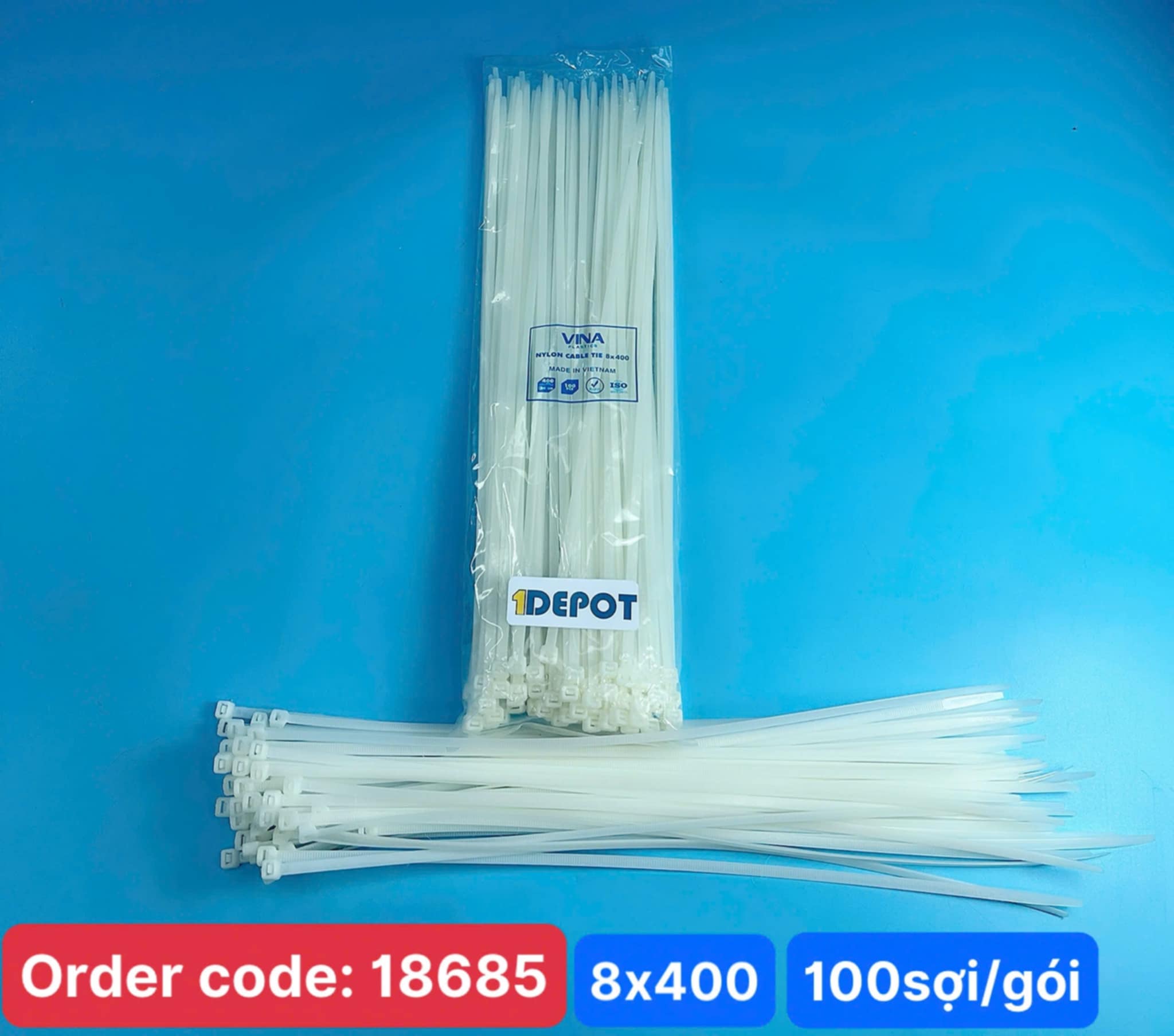 Dây rút nhựa 4 tấc, KT 8x400mm, rộng 5.3mm, màu trắng, đóng gói 100 sợi/gói