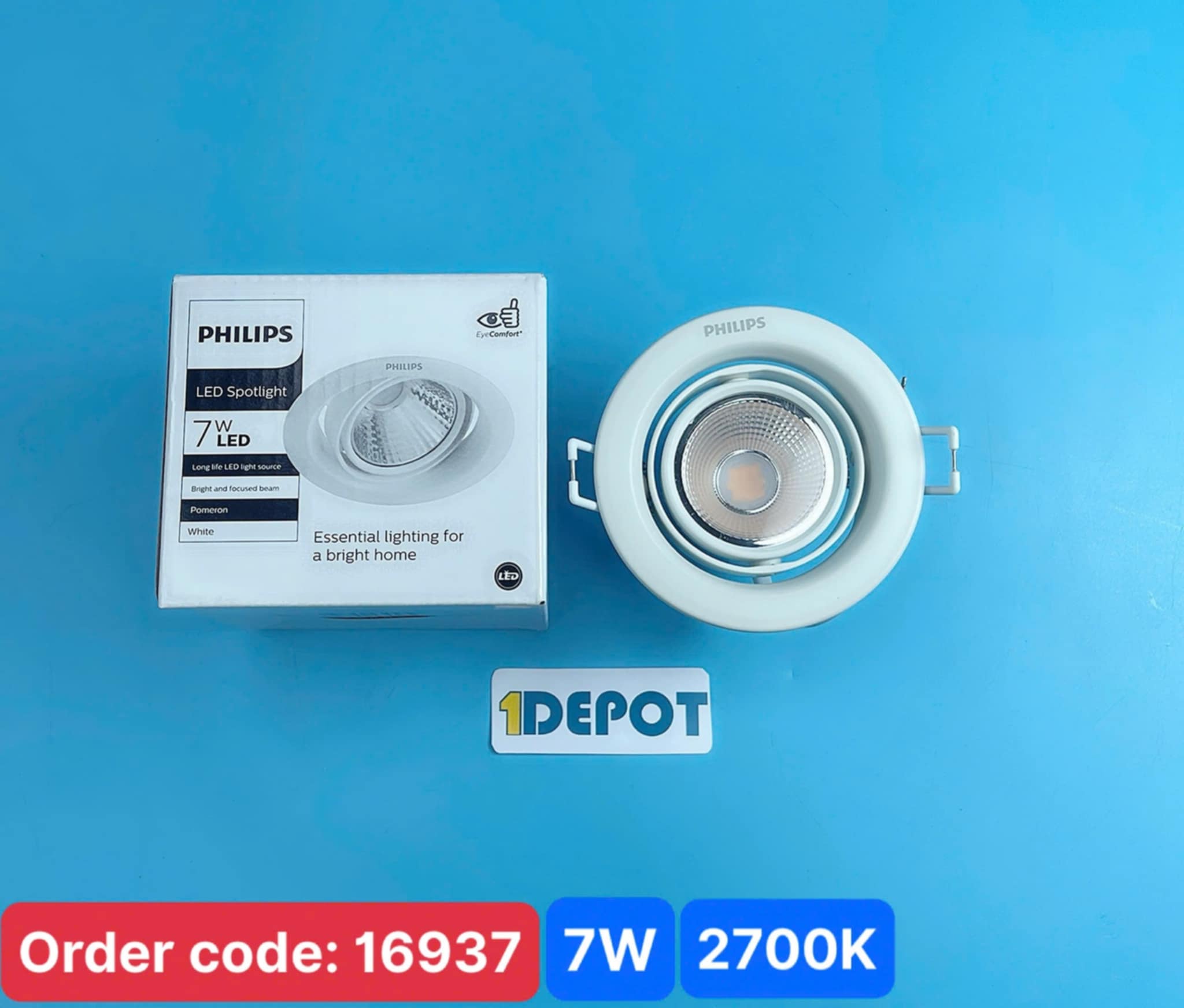 Downlight chiếu điểm Philips Pomeron 59776 7W, Φ70 WH, ánh sáng vàng 2700K, 12 cái/thùng