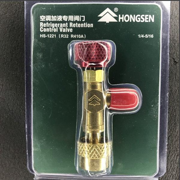 Van khóa Gas chống bỏng HongSen HS-1221, dùng cho gas lạnh R410A, R32, tay vặn đỏ đầu ren ( 1/4 - 5/16 )