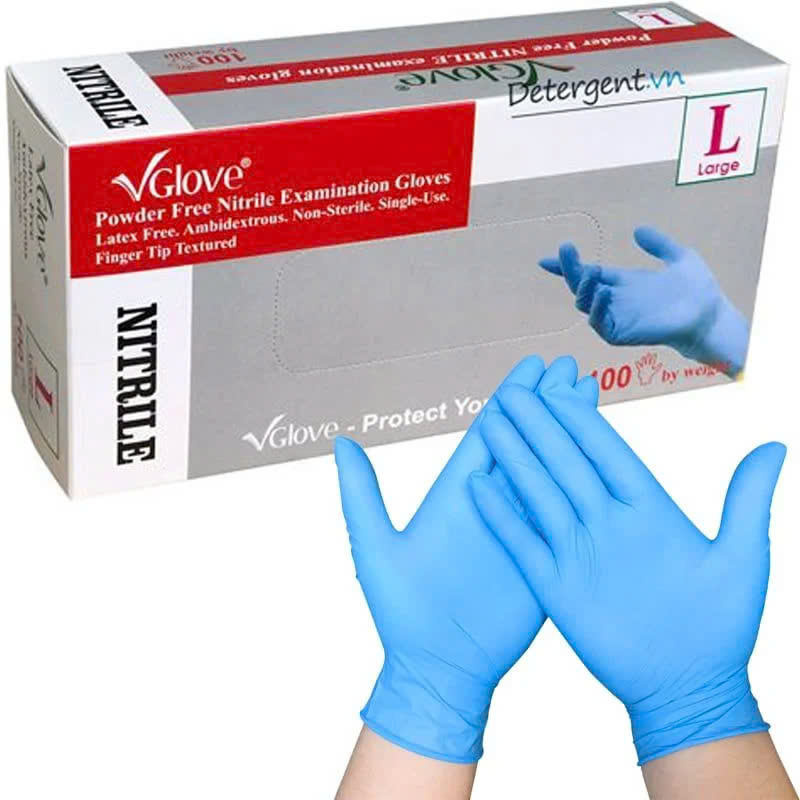 Găng tay y tế nitrile VGLOVE không bột màu xanh size L, 100 chiếc/ hộp