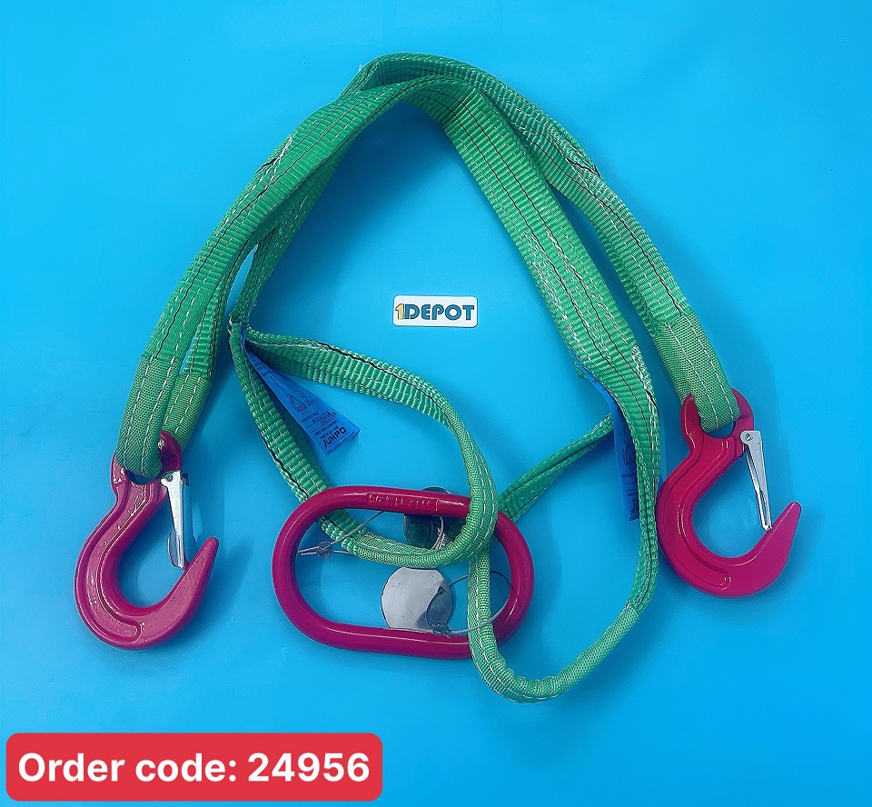 Bộ sling cáp vải 2 chân, 2 tấn/chân, dài 1M, rộng 50mm, hệ số an toàn 6:1, màu xanh lá, tải trọng làm việc 2.8 tấn