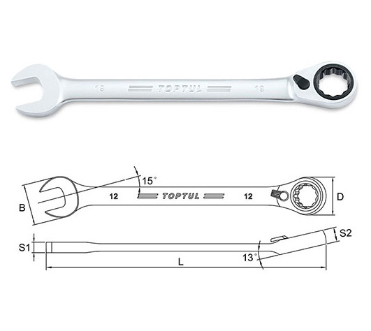 Cờ lê vòng miệng tự động TOPTUL ABAF1212 12mm, điều chỉnh 2 chiều hệ met