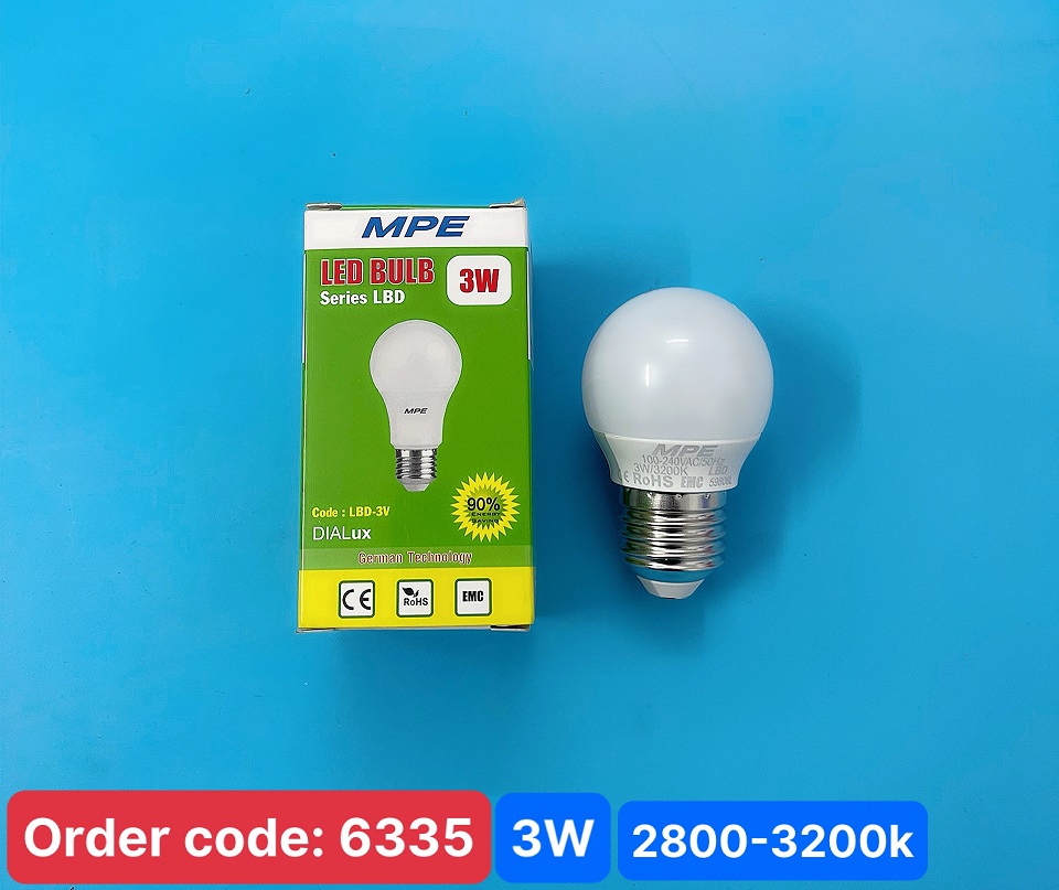 Đèn led Bulb chống ẩm 3W MPE, 45X77 mm - LBD3-3V ánh sáng vàng