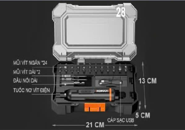 Máy vặn vít điện tử sạc USB Komax 3.6V (Đi kèm 28 chi tiết)