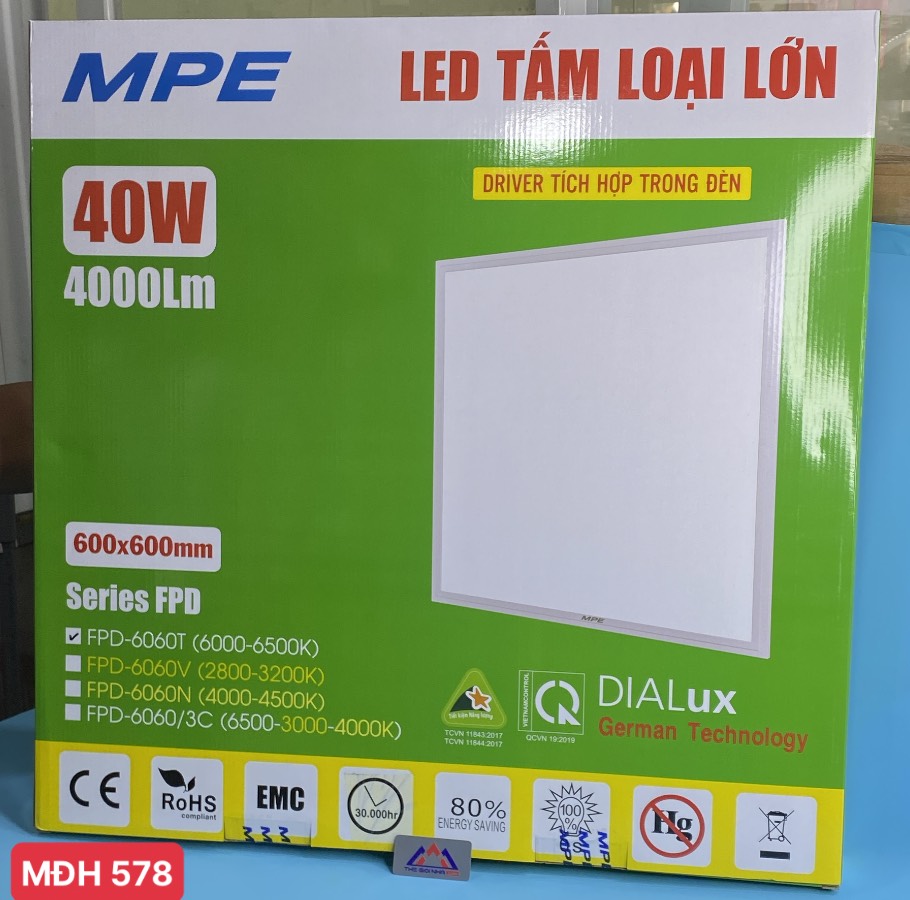 Đèn Led Panel 40W MPE FPD-6060T, loại tấm lớn, kích thước 600x600x35mm, ánh sáng trắng