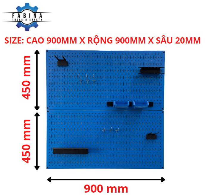 Tấm lưới đôi Pegboard màu xanh dương bóng kèm phụ kiện treo FABINA - 2 tấm, kích thước: cao 900 mm x Rộng 900 mm x Sâu 20 mm