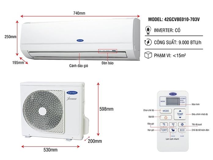 Máy lạnh Carrier inverter 1 HP 38GCVBE010-703V/42GCVBE010-703V