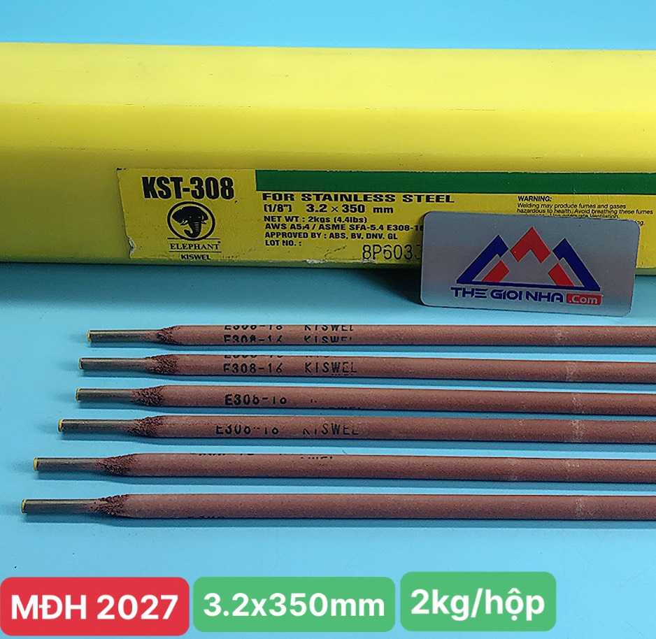 Que hàn inox 3.2mm Kiswel KST-308, kích thước 3.2x350mm, (hộp 2kg - 6 hộp/thùng)