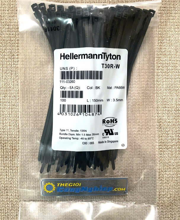 Dây rút nhựa màu đen HellermannTyton T30R-W 111-03260, 150mmx3.5mm, nhựa PA66W chống tia UV, đóng gói 100 sợi/ gói