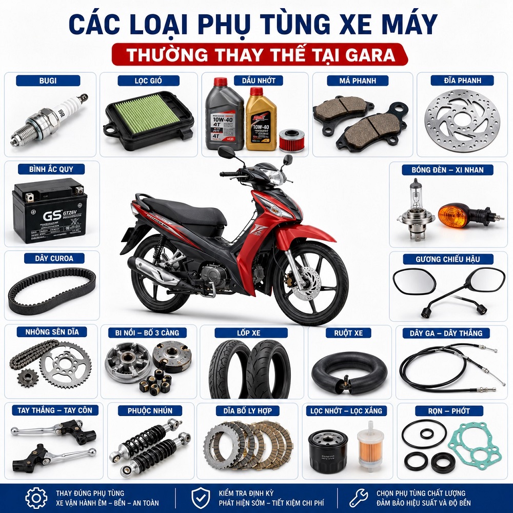 Các Loại Phụ Tùng Xe Máy Thường Thay Thế Tại Gara