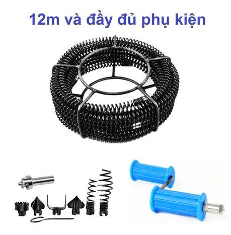 Bộ dây lò xo thông cống 12m phi 16 mm, 9 phụ kiện