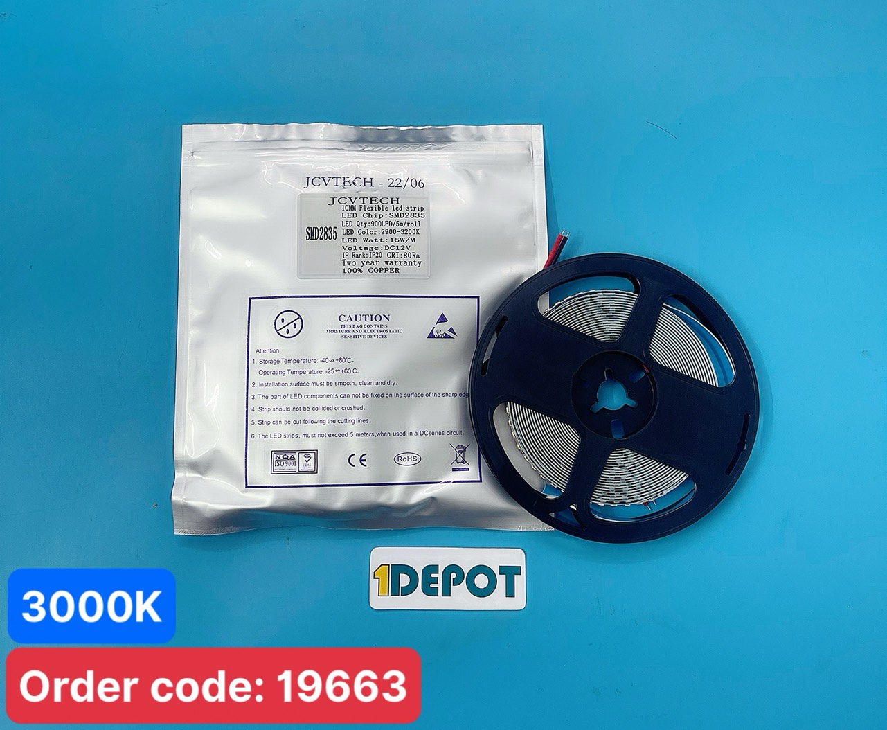 Đèn Led dây 2835 12V JCVTECH, công suất 15W, ánh sáng vàng 3000k, số bóng 120led/m, cấp bảo vệ ip20, 5m/cuộn