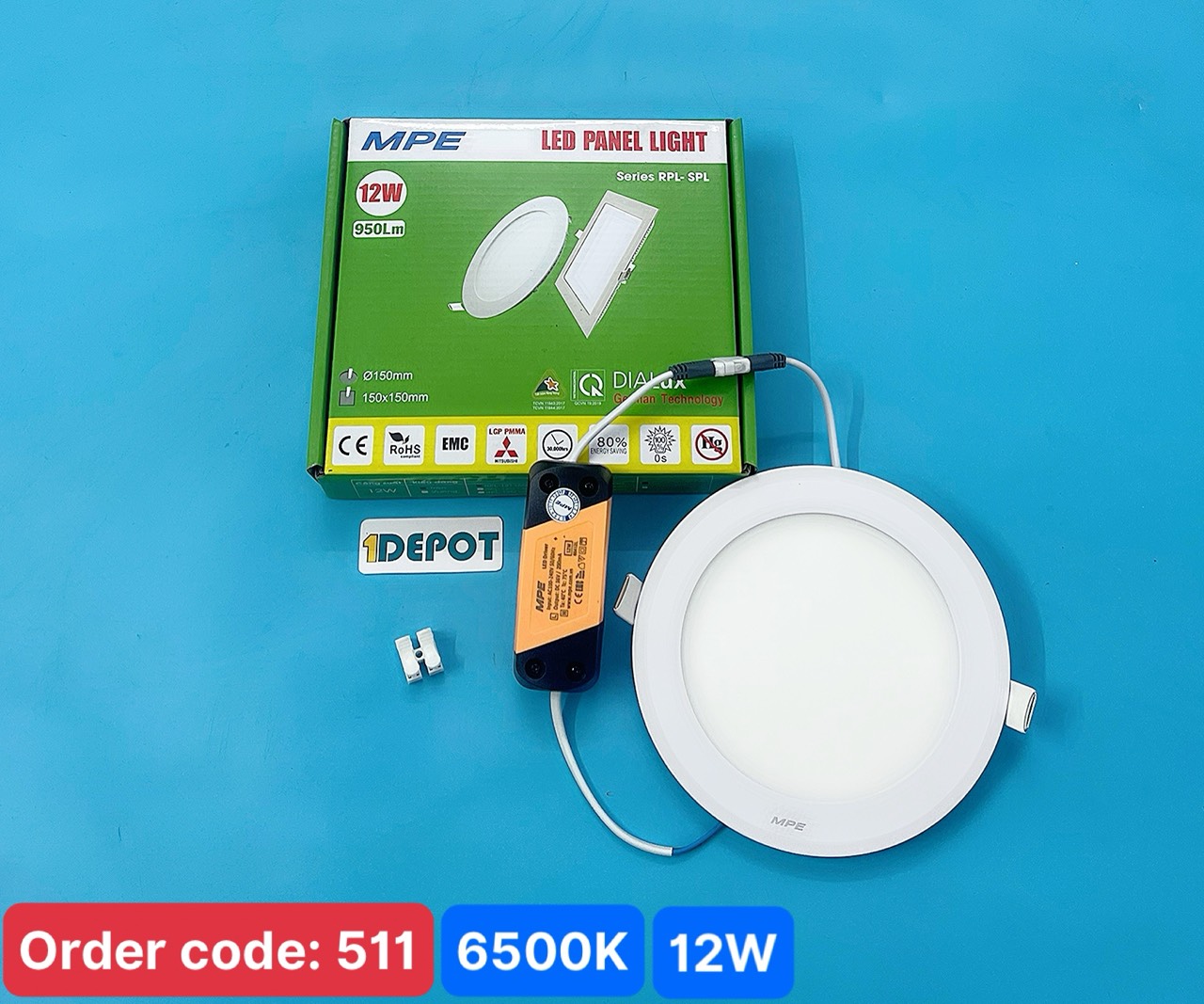 Đèn Led panel âm trần tròn 12W MPE RPL-12T ánh sáng trắng, KT Þ170x22 mm, đục lỗ Þ150 mm