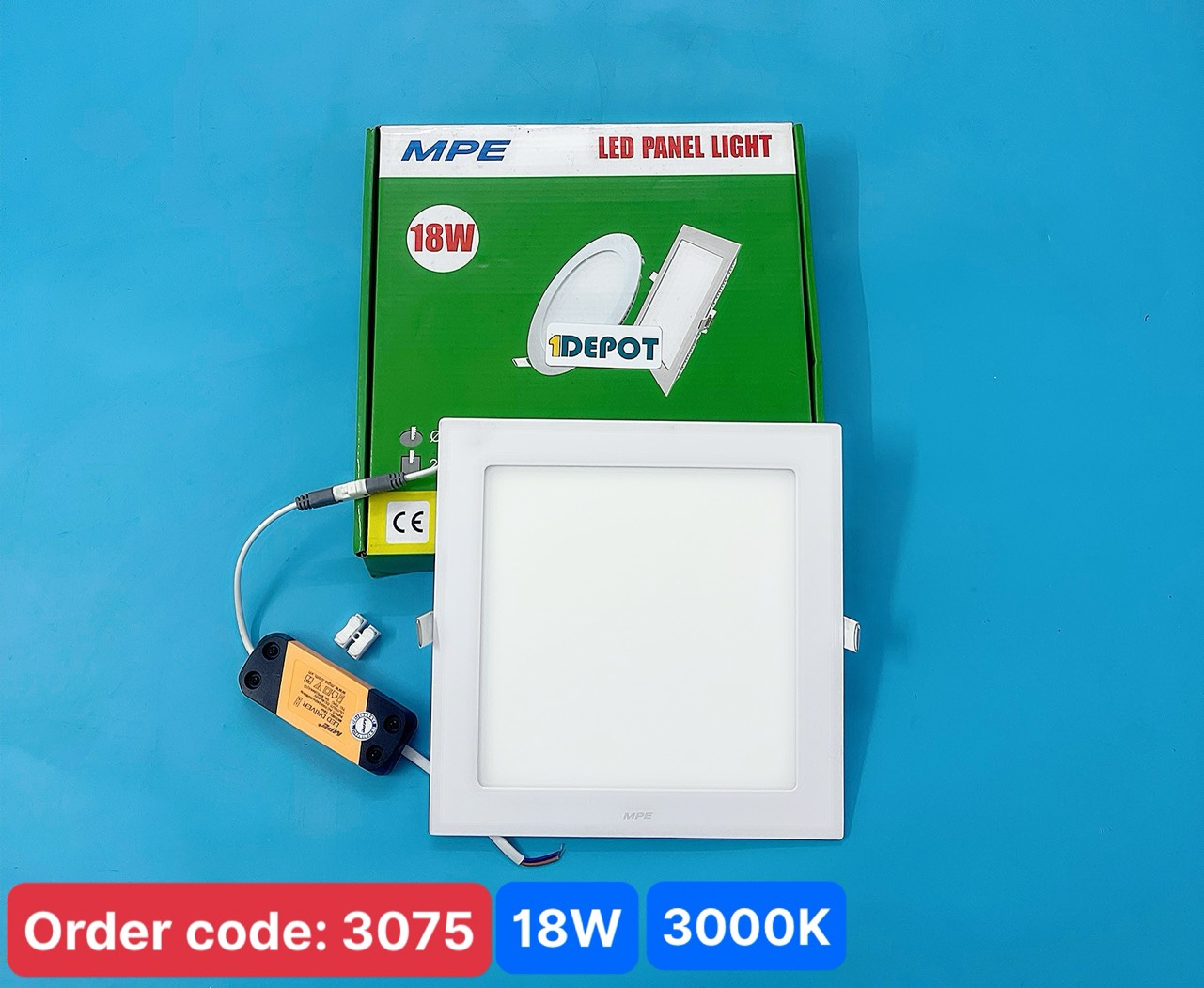 Đèn led panel âm trần vuông 18w MPE SPL-18V, ánh sáng vàng, KT 225×225x25mm, đục lỗ 205x205 mm