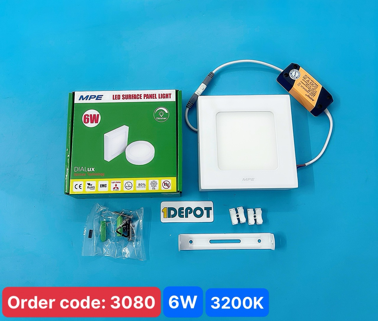 Đèn led panel ốp trần nổi vuông 6w MPE SSPL-6V, ánh sáng vàng, kích thước 120×120x35mm, đóng gói 1 cái/hộp, 40 cái/thùng