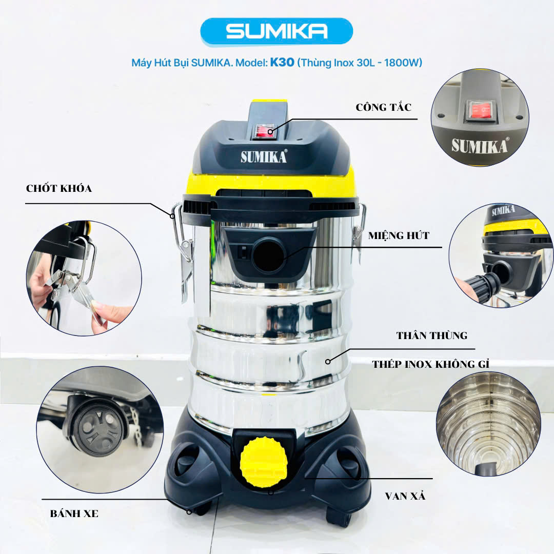 Máy hút bụi đa năng Sumika K30, 1800W, thùng chứa 30L, lọc HEPA