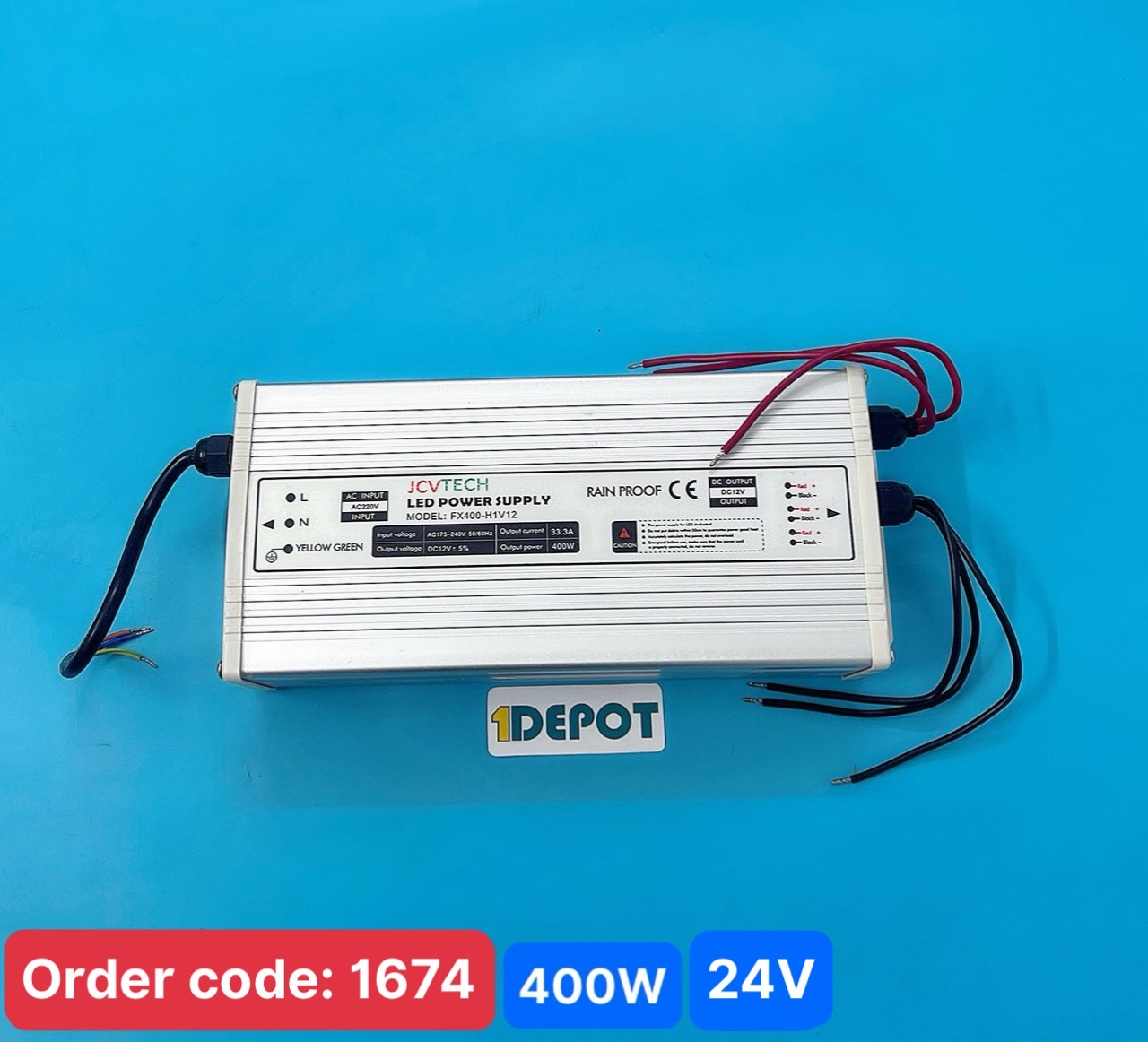 Nguồn 400W cho led dây JCVTECH FX400-H1V24, điện áp vào 220V, điện áp ra 24V