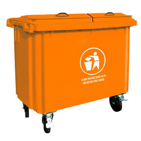 Xe thu gom rác 1100L HDPE 1 ngăn 4 bánh, màu cam D20cm